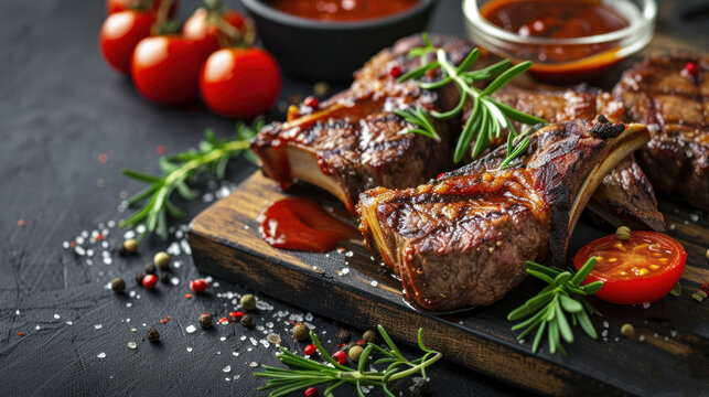 Succulent ribeye steaks seasoned with aromatic herbs and accompanied by ripe cherry tomatoes, ready for a gourmet feast