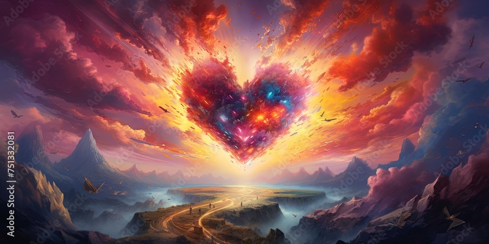 Poster artistic of a vibrant exploding heart against a soft, bokeh-lighted background