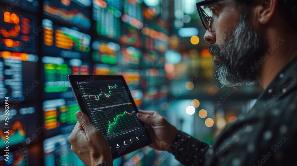Poster person holding a tablet computer with green screen mock up display. stock exchange application templ