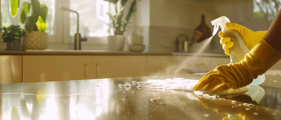 Hand in yellow glove cleaning kitchen counter with spray and sponge, hygiene focus.