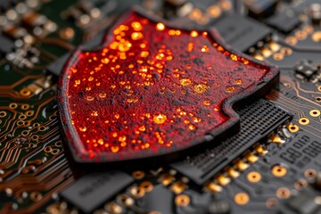a red shield on a circuit board - obrazy, fototapety, plakaty