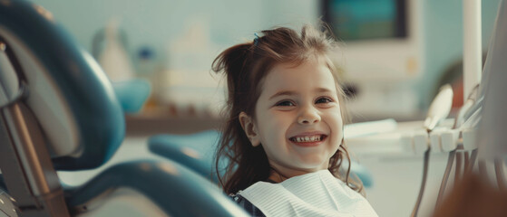 Joyful young girl with a cheerful smile sitting in a dental chair, health care.