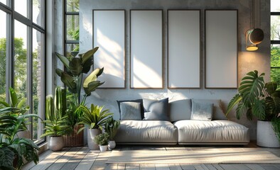 living room, Rectangular vertical frame mockup in scandi style interior with green succulents and cactus on a floor and near empty neutral white wall background. 3d illustration  - obrazy, fototapety, plakaty