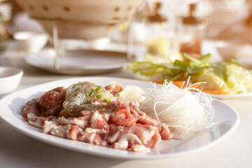 Seafood and meat with vermicelli for  barbecue grill and hot pot street buffet thai style. (Moo Kra Ta).