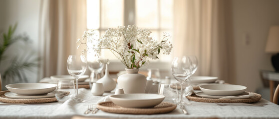 Intimate dining setting with elegant tableware and fresh daisies in a vase, capturing a moment of tranquility and refined taste