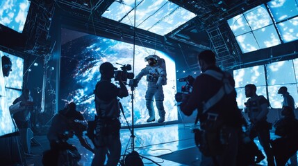 Fototapeta premium Moment on film set designed to simulate space environment. Actor in astronaut costume against large screen displaying image of Earth from orbit. Crew members standing around.