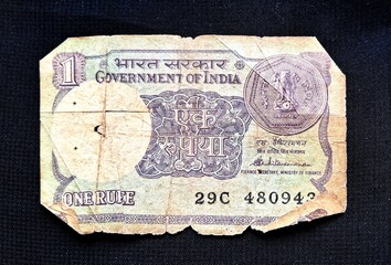 Rare Old Indian One rupee currency note on white background, Government of India one rupee old...
