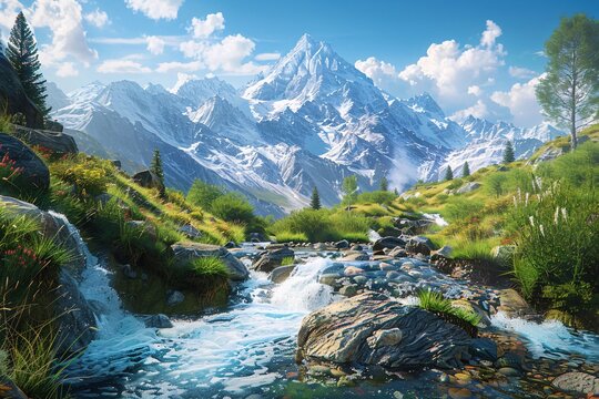 a river running through a valley with snow covered mountains