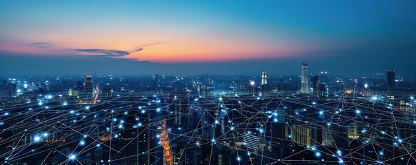 Obraz premium Abstract telecommunication technology network located in the city, 5G internet network.
