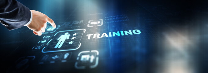 Training concept. Businessman pressing on touch screen interface inscription