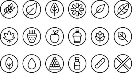 Allergen free badges. No sugar, gluten, lactose, oil free thin outline icons set isolated on white background 