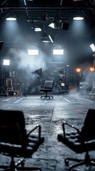 Professional movie studio entertainment industry. Empty movie crew chairs in front of an empty film set. Gloomy background. Movie production