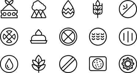 Allergen free badges. No sugar, gluten, lactose, oil free editable stroke thin outline icons set isolated on white background flat vector illustration.