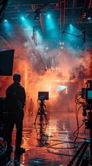 Fototapeta premium Behind the scene, shooting video production and film crew team. Silhouette of man, director in studio.