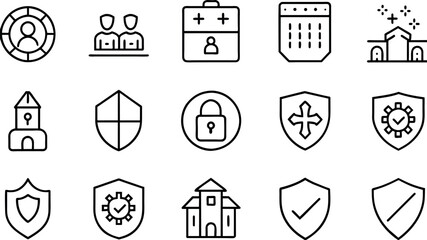 Insurance, assurance, protection and risk editable stroke outline icons set isolated on white background 