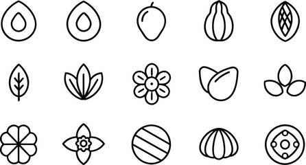 Nuts and seeds editable stroke outline icons set isolated on white background 