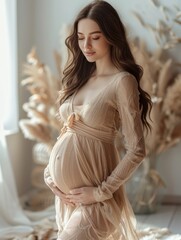a beautiful model woman in tight beige dress with long sleeves, pregnant, 25 year old, brunette hair