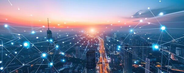 Abstract telecommunication technology network located in the city, 5G internet network.