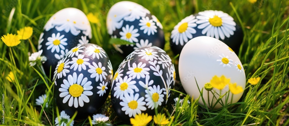 Poster several colorful eggs, painted for easter, are displayed in the grass along with daisies. the eggs a