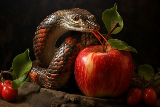 Snake apple sin temptation. Biblical forbidden fruit with evil serpent animal. Generate ai