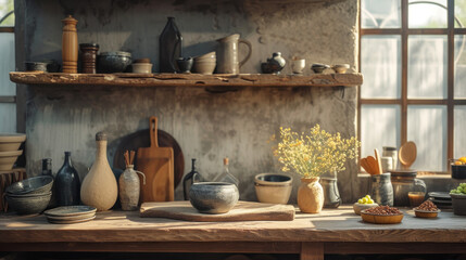 Fototapeta na wymiar Rustic ceramic kitchenware collection elegantly displayed on wooden shelves against a stone wall, highlighting earthy tones and natural textures, perfect for a stylish, artisanal home setting