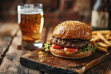a burger and a glass of beer