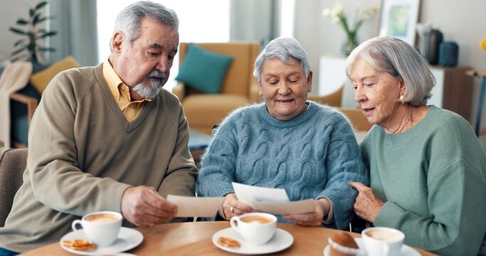 Coffee, reading and senior friends in living room of nursing home with letter or invitation. Smile, conversation and group of elderly people in retirement drinking cappuccino in lounge at house.