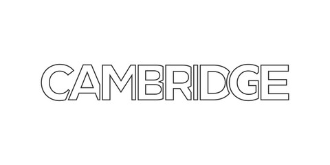 Cambridge city in the United Kingdom design features a geometric style illustration with bold typography in a modern font on white background.