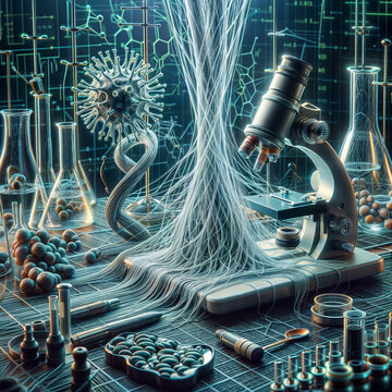 a science lab with a microscope and a strand of strands, a microscopic photo  shutterstock contest winner, neoplasticism, stockphoto, stock photo, biomorphic