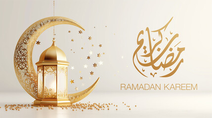Ramadan Kareem greetings on a 3d background with decorative Lantern, crescent and stars   © Paint It Bliss