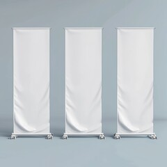 Empty roll up banners with paper canvas texture isolated on transparent background. Art design blank template mockup.