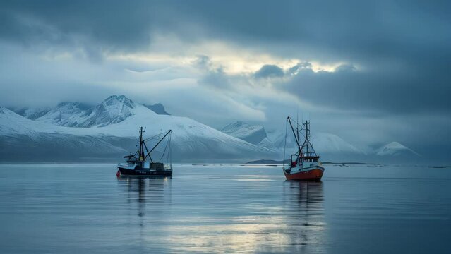 Majestic mountains capped with snow and fishing boats floating on a calm sea depict the chilly stillness of a winter's day.
