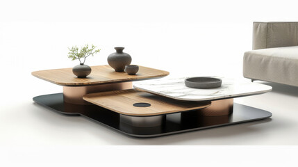 Combination coffee table, minimalist design, modern oriental