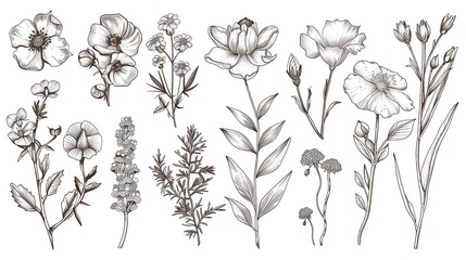 Set of hand drawn botanical flowers, branches and leaves. Trendy sketch elements of wild and garden plants in line art style. illustration on white background. Generative Ai - obrazy, fototapety, plakaty