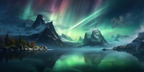 Ethereal image depicting the aurora borealis illuminating the starry night sky above a silhouette of pines