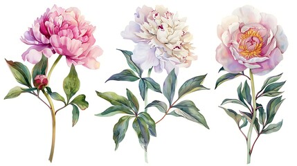 Set of peonies flowers on an isolated white background, watercolor peony illustration, botanical painting. Generative Ai - obrazy, fototapety, plakaty