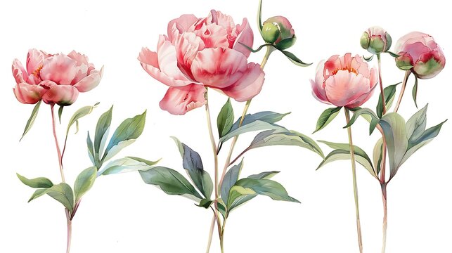 Set of peonies flowers on an isolated white background, watercolor peony illustration, botanical painting. Generative Ai