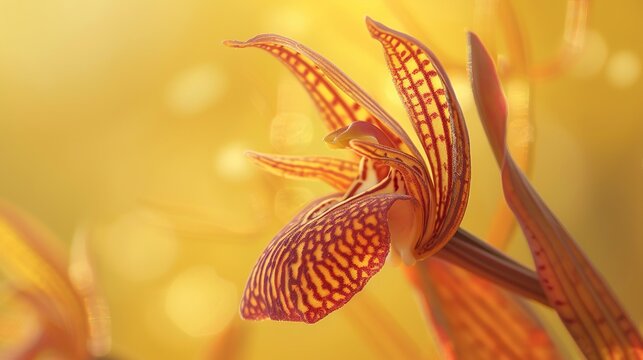 The partridge orchid's velvety texture and burgundy colors are captured in this macro photo from above against a blurry yellow background.