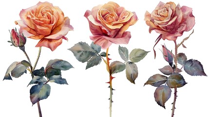 Set of watercolor rose flower bouquet. Blush floral illustration for stationery, wedding invitation, greeting card, blog decoration. Generative Ai - obrazy, fototapety, plakaty