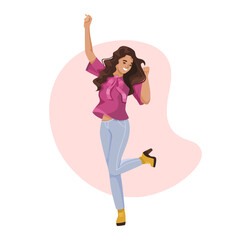 A woman in a pink shirt and jeans is dancing and smiling. She is wearing yellow shoes and a pink bow. Vector illustration