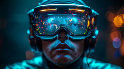 Close-up portrait of a man in a virtual reality helmet and glasses.