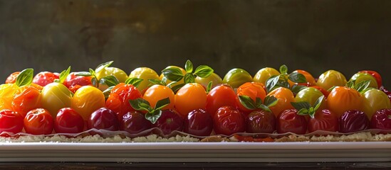 A platter filled with a colorful variety of fresh fruits and vegetables, including heirloom cherry tomatoes, and mozzarella in a tart. The assortment showcases a mix of textures, colors, and flavors.