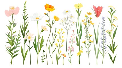 Set of wild flowers isolate on white background. Generative Ai