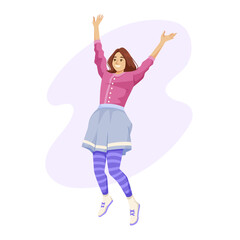 A woman in a pink shirt and blue skirt is jumping in the air. She is smiling and she is happy. Vector illustration