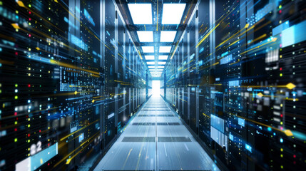 Obraz premium network server room data center with rows of server racks for digital data storage.