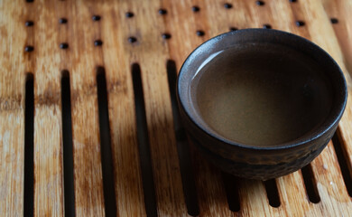 Chinese tea set on a wooden table. Tea ceremony close up