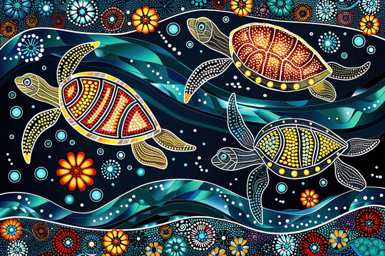 Australian Aboriginal dot painting style art landscape with a river and turtles.