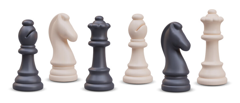 Set of black and white equivalent chess pieces. Realistic queen, bishop, knight