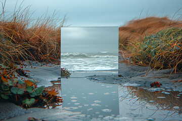 square mirror sitting in a sea sand landscape