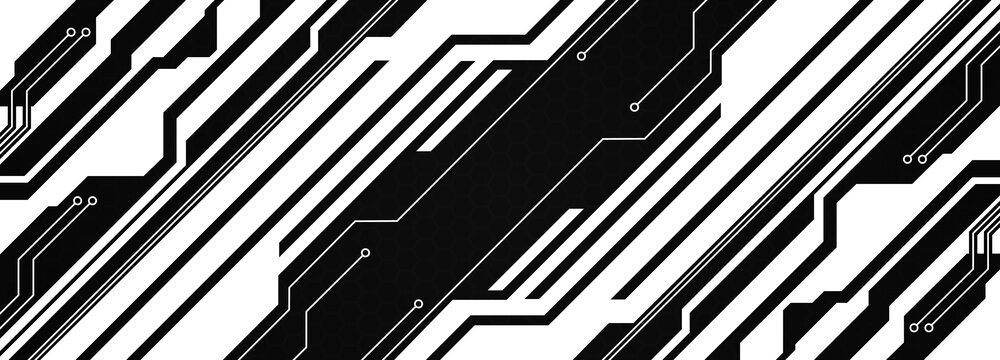Abstract geometrical cyber tech metaverse digital web 3 horizontal dark banner design template blank with place for text . Geometrical black and white sci fi cyberpunk shapes interface hud hui